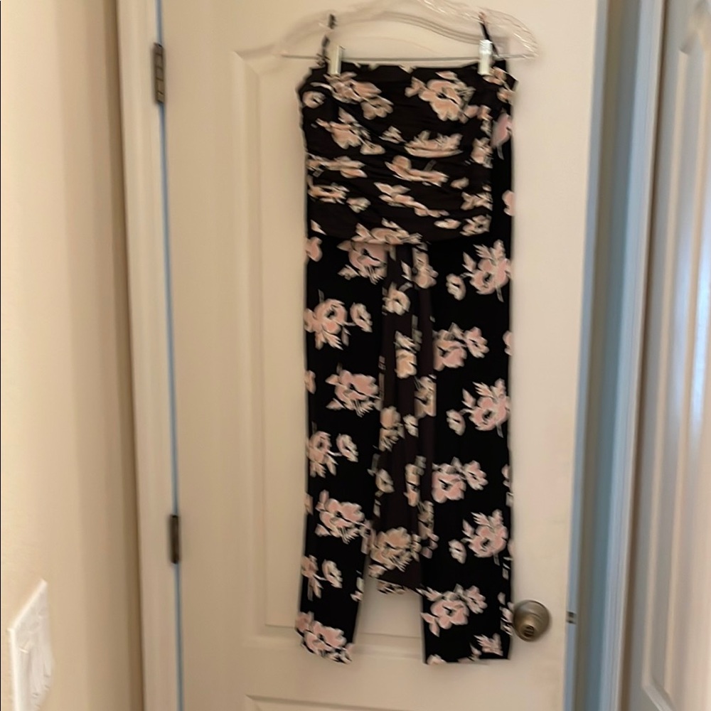 Cinq a Sept Strapless Black and Pink Floral Jumpsuit